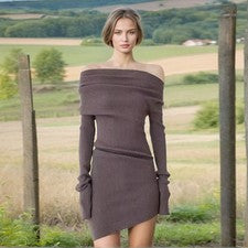 2026 Nuevo Vestido Para Mujer Moda Hombro Cintura Manga Larga Irregular Corto Tejido