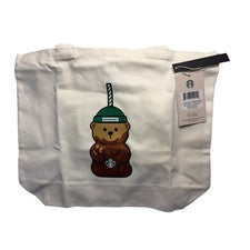 Bolso de Mano Starbucks Bearista Lona Verde Crema Taza Oso Gráfico Reutilizable Nuevo con Etiquetas