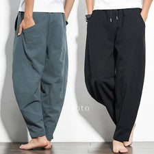 Pantalones informales sueltos harén de algodón y lino estilo chino para hombre talla grande