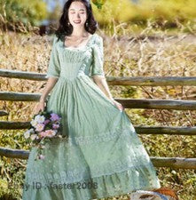 Retro Mujeres Encaje Mori Niña Delgado Dulce Hada Vestido Bordado Largo Verde Vestido Talla