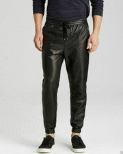 Pantalones de chándal de cuero genuino para hombre Pantalones de cuero negro Moda estilo libre