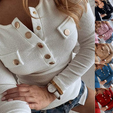 Camiseta informal de manga larga con botones de moda para mujer
