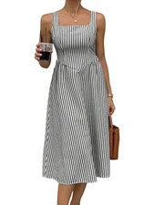 "Maxivestido de mujer a rayas, sin mangas, escote esquinero, fruncido, A-Lini6353"