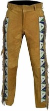 Hombres Estilo Clásico Vaquero Occidental Gamuza Cuero Pantalones Completamente Pierna Cuentas y Flecos