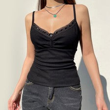 Camiseta sin mangas para mujer de verano con cuello en V en el pecho de encaje de moda correa inferior