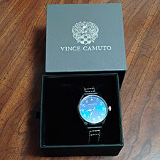 Reloj pulsera Vince Camuto Aldo de cuarzo para hombre esfera azul correa de cuero negro caja