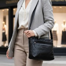 Bolso de hombro grande Rowallan de cuero negro, bolso cruzado, bolso de viaje