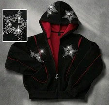 Nuevo Hombres Mujeres Diamante Estrellas Estrás Moda Negro Cremallera Sudadera con Capucha Alta Calidad