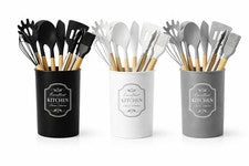 Set De 8 Utensilios De Cocina De Silicone Con Mango De Madera Más Contenedor
