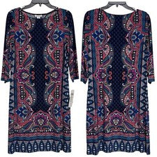 Vestido recto para mujer London Times negro azul estampado cachemira manga 3/4 talla 8