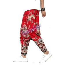 Pantalones harén holgados estilo chino sueltos estampado floral entrepierna caída para hombre