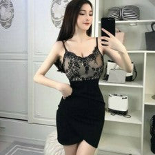 Vestido de empalme de encaje para mujer bodycon escote en V sexy slip asimétrico cintura alta