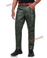 Pantalones de cuero de cordero para hombre de cuero verde calce ajustado informales moda portador clásico