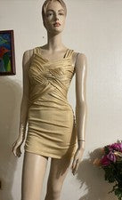 Vestido para mujer dorado poliéster cóctel elástico ajustado plisado forrado corbata talla L solero