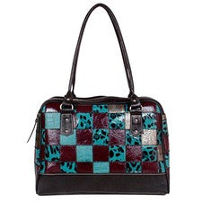 Bolso de Mano Premium de Cuero Genuino con Retazos | Satén de Hombro con Estampado de Animales Turquesa