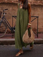 Elegante Vestido Mujer Escote Cuadrado Verde Ejército