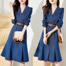 Elegante Mujer Denim Línea A Cinturón Vestido Botón Informal Camisa Larga Vestido Moda