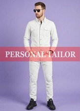 Pantalones de mezclilla de cuero blanco 100 % piel de cordero para hombre estilo bolsillos en el pecho