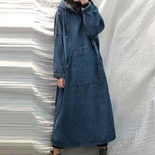 Mujeres Vestido de mezclilla suelto con capucha mangas largas informal Moda Bolsillo Jeans Vestido