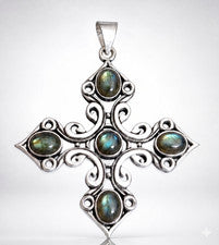 Colgante Cruz Labradorita Natural Plata de Ley 925 Hecho a Mano Joyería S-2 pulgadas