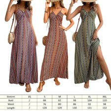 Mujeres Verano Patrón Étnico Espalda Sin Espalda Muslo Dividido Vestido Boho Moda Vestido Largo