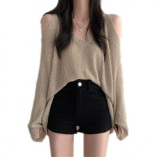 Moda Para Mujer Elegante Cuello en V Hueco Sin Tirantes Suelto Informal Manga Larga Tejido Top