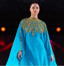Turquesa Dubai Farasha Vestido Abaya Kaftan Largo Marroquí Vestido de Trabajo a Mano Elegante