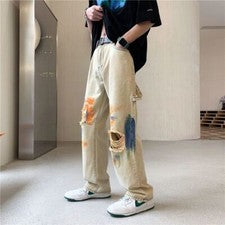 Pantalones de mezclilla para hombre Hole Graffiti informales pierna ancha rectos nuevos