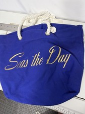 Bolso de Playa Trina Turk Grande de Lona "Seas the Day" Azul Cobalto Nuevo con Etiquetas