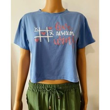 Mujer Verano Moda Brillante Recortado Prendas para el torso Estampado Cuello Redondo Camiseta Azul S/M