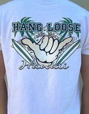 Camiseta de algodón blanca estilo hawaiano isla colgante suelta Shaka tabla de surf hombres mujeres