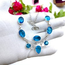 Collar de joyería de plata de ley 925 hecho a mano con piedras preciosas de topacio azul tamaño-17-18"