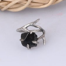 Conjunto de puntas de obsidiana negra áspera natural de plata de ley 925 anillo joyería de cristal