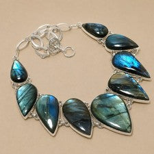 Collar Joyería Pera Plata Esterlina 925 Piedras Preciosas Labradorita Fuego Azul 18" s75