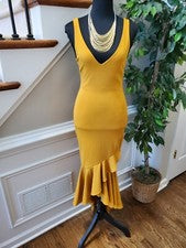 Vestido de moda Nova para mujer amarillo con volantes sin mangas cuello en V hasta la rodilla talla S