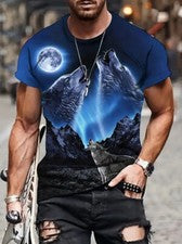 Camiseta Luna Azul Lobo Estampado gráfico Moda Novedad Hombre Manga corta Casual