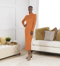 Vestido Midi Naranja MUJER CON CONTROL Jersey Suave Manga Larga Cuello Simulado Talla XL