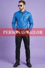 Pantalones de mezclilla y camisa de cuero de cordero negro/azul estilo dos bolsillos para hombre