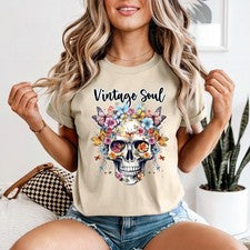Camiseta vintage Soul para mujer calavera floral estilo boho regalo para ella