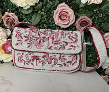 Bolso de hombro floral bordado con cuentas blanco/rosa/rojo hecho a mano en la India