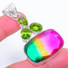 Cuarzo tricolor, piedras preciosas de peridoto 925 colgante de joyería de...