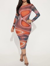 Vestido midi ceñido al cuerpo de manga larga naranja llamativo de moda Nova nuevo con etiquetas para mujer talla M