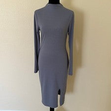Vestido midi azul acanalado cuello alto manga larga Nova de moda para mujer talla L nuevo con etiquetas