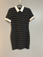 Mujer Negro Blanco Cuello Ventana Panel Cuadros Elastizado Mini Vestido Talla Mediana