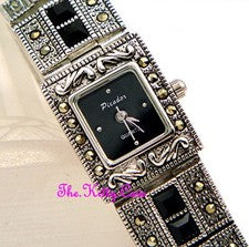 Reloj de pulsera Silver Deco vintage Marcasite con cristales Jet Swarovski
