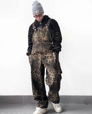 Mameluco callejero para hombre moda multi-bolsillo leopardo retro con tirantes hip hop