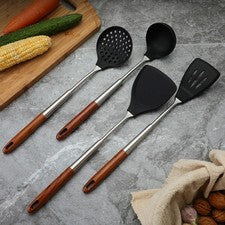 Juego de utensilios de cocina de silicona de 3 piezas con soporte 304 SS y mango de madera