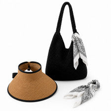 Conjunto de playa de 3 piezas para mujer - Bolso de mano de paja, sombrero parasol y bufanda de moda
