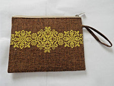 Nuevo Lindo Dar Sonrisa Marrón y Amarillo Diseño Bordado Tela Muñequera/Cartera