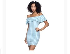 Mujer Mini Vestido Hombro Descubierto Azul y Blanco Rayas Mediano Vestido Moda